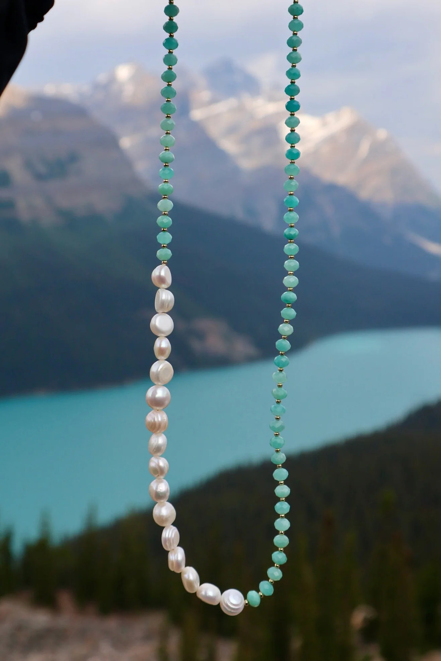 Lake - Amazonite & Freshwater Pearl Asymmetric Gemstone Necklace 18in